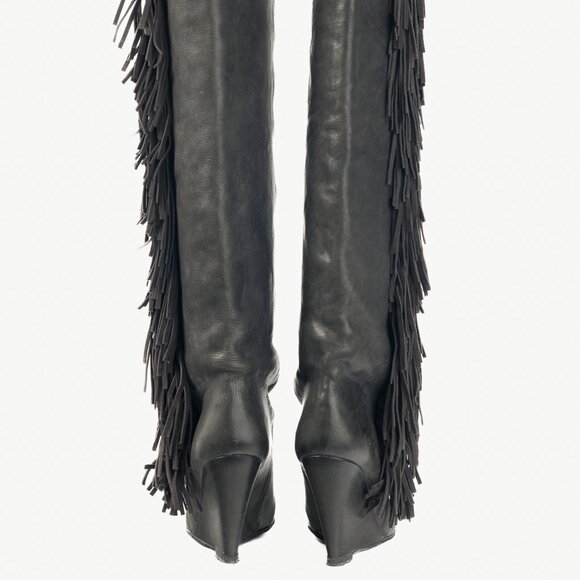 Isabel Marant Manly Anthracite Leather & Suede Fringe Knee-High Wedge Boots - Picture 3 of 9